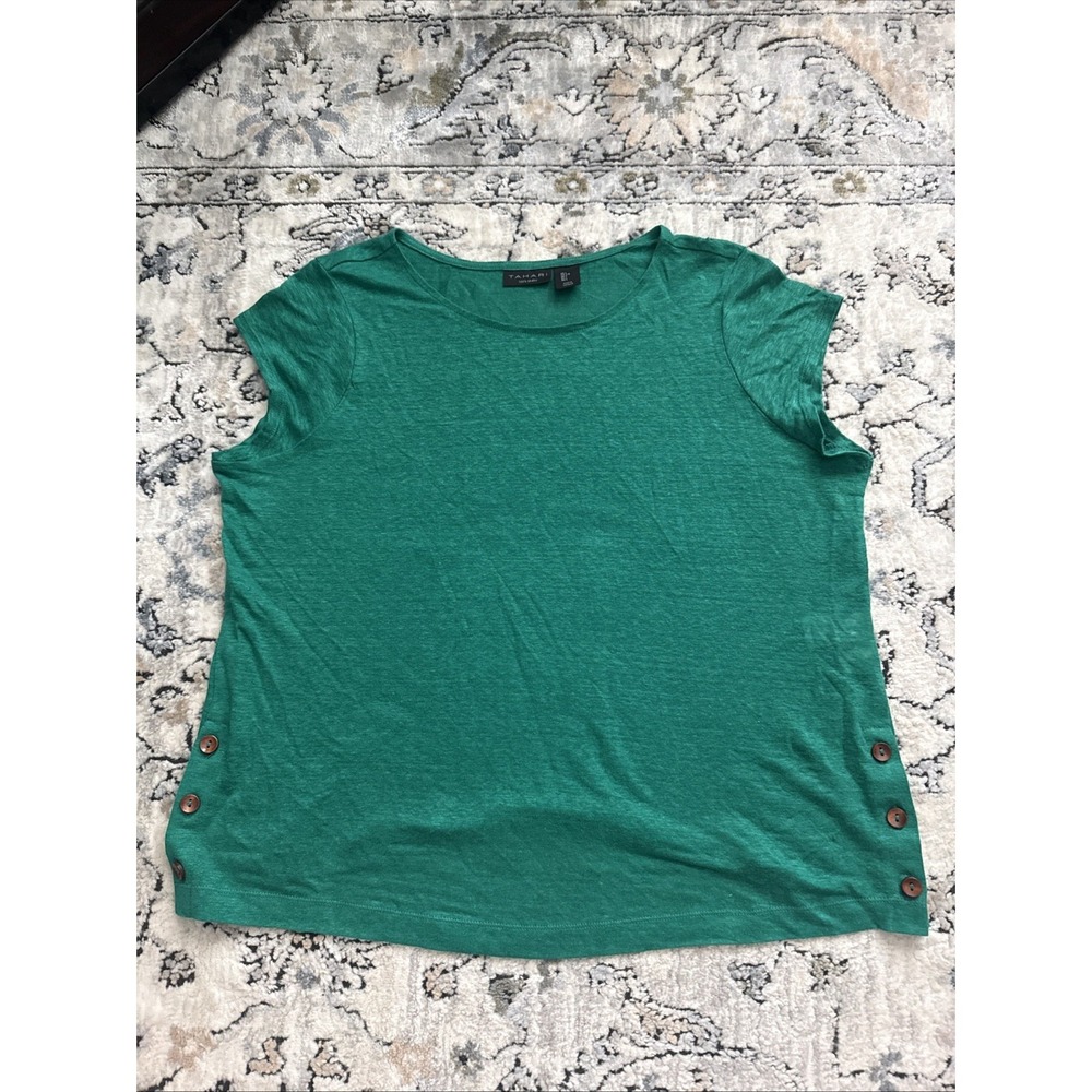 Tahari Womens Top 100% Linen Tee Cap Sleeve Accent Buttons on Side green Sz L